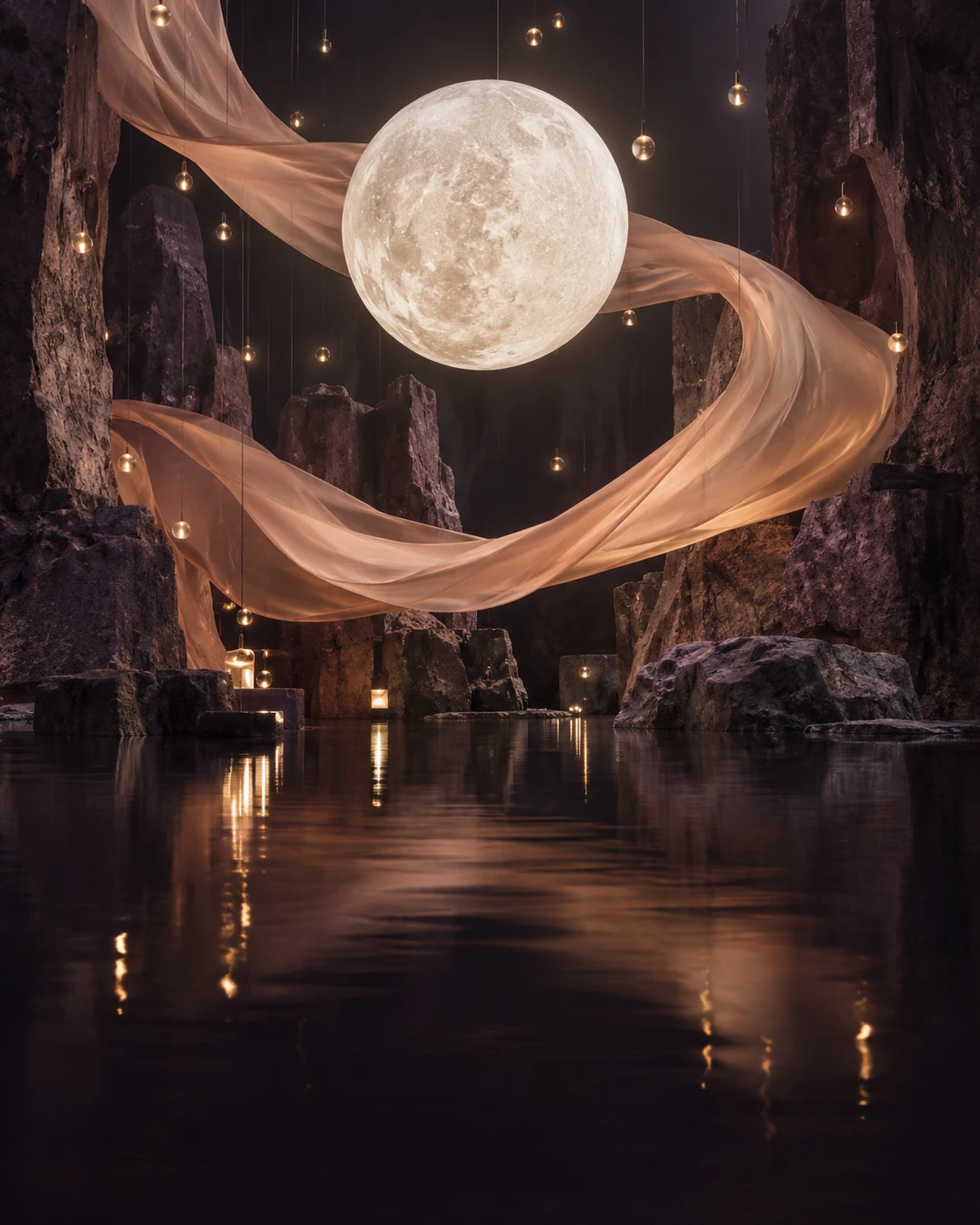 A luminous moon above reflective water, wrapped in flowing peach silk