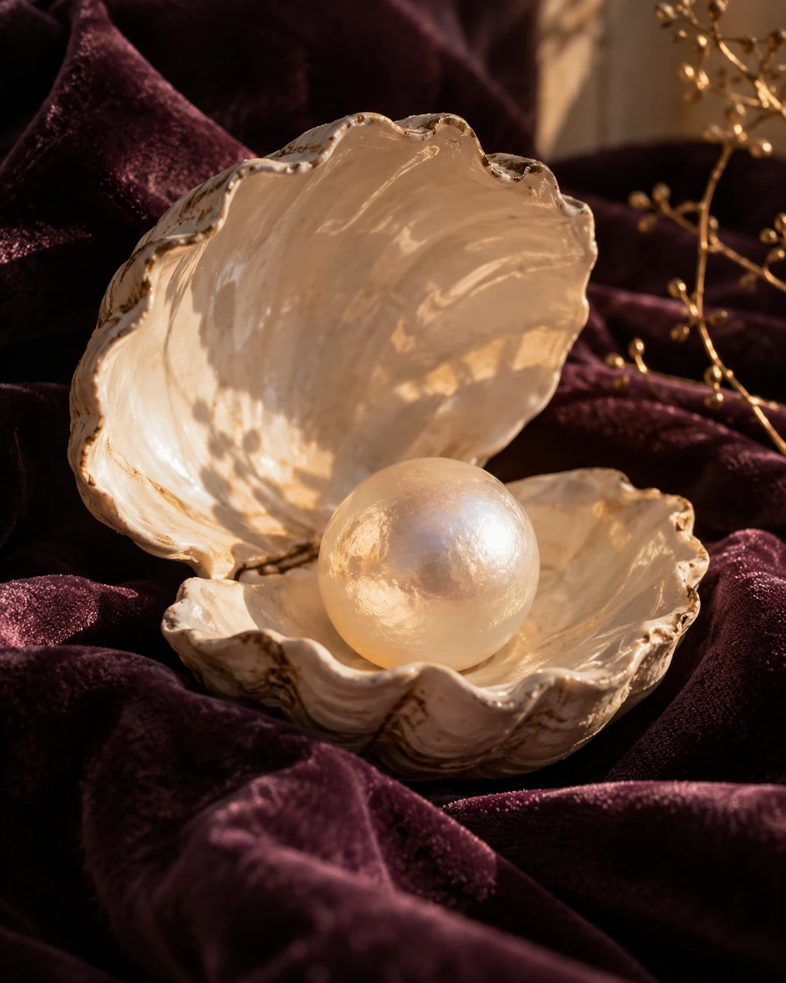 A softly luminous pearl within an ivory shell on plum velvet